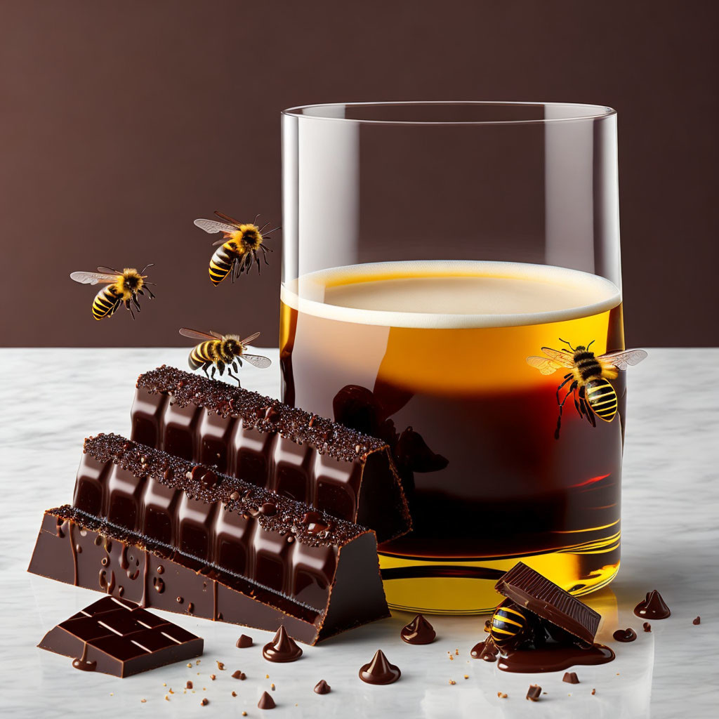 Sweet honey glass with buzzing bees, dark chocolate bar and drops.