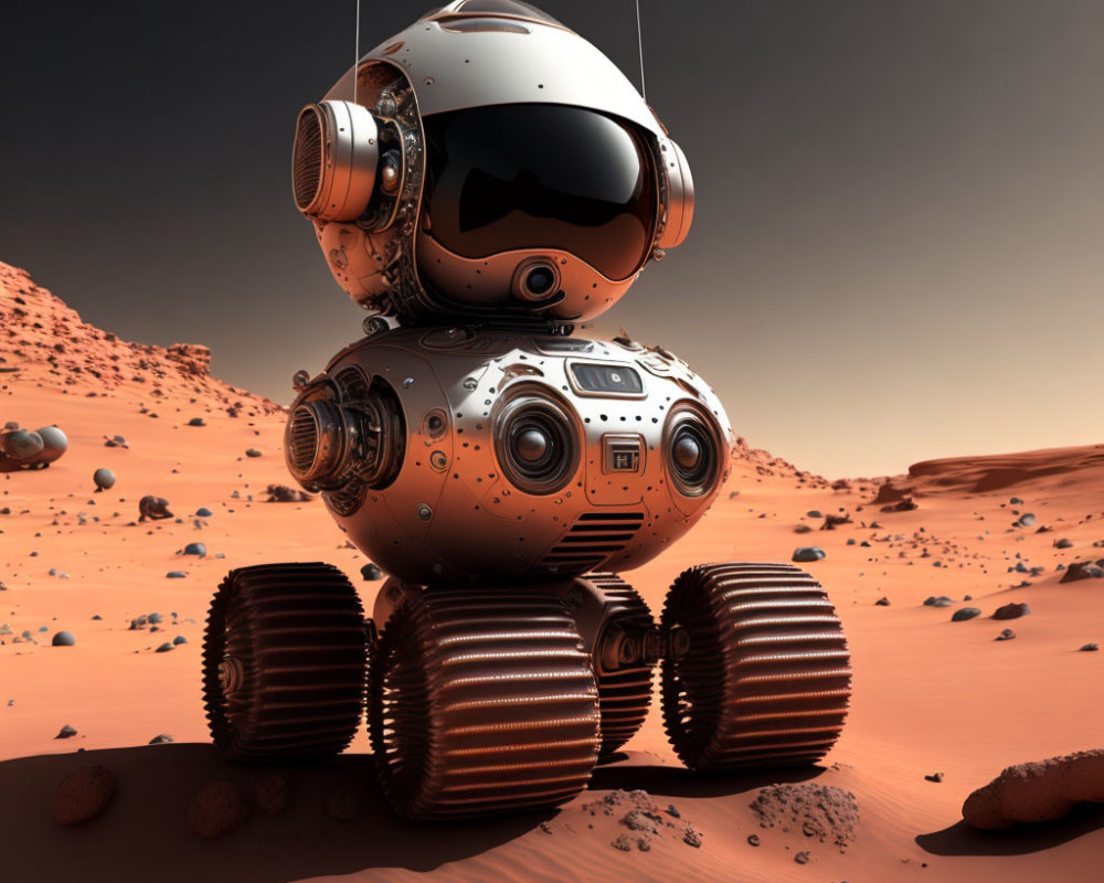 Futuristic humanoid robot on six-wheeled legs in Mars landscape