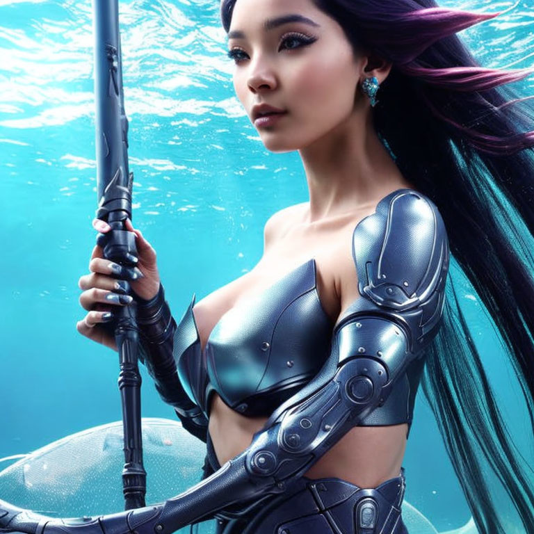 Stylized silver armor person with staff and purple hair in vibrant underwater scene