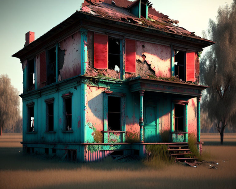 Decrepit Two-Story House with Turquoise Paint and Broken Windows