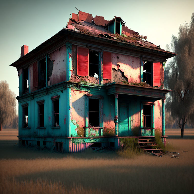 Decrepit Two-Story House with Turquoise Paint and Broken Windows