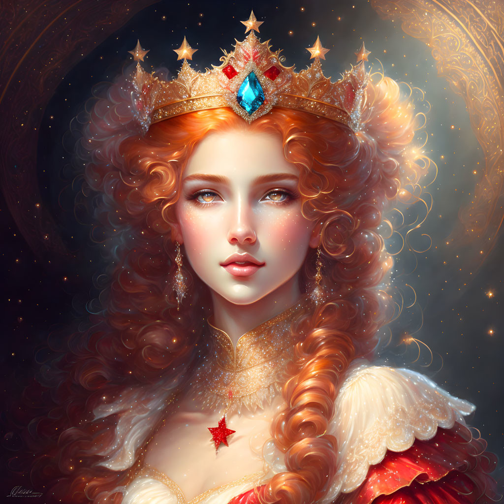 Regal woman digital portrait with curly red hair and gold crown