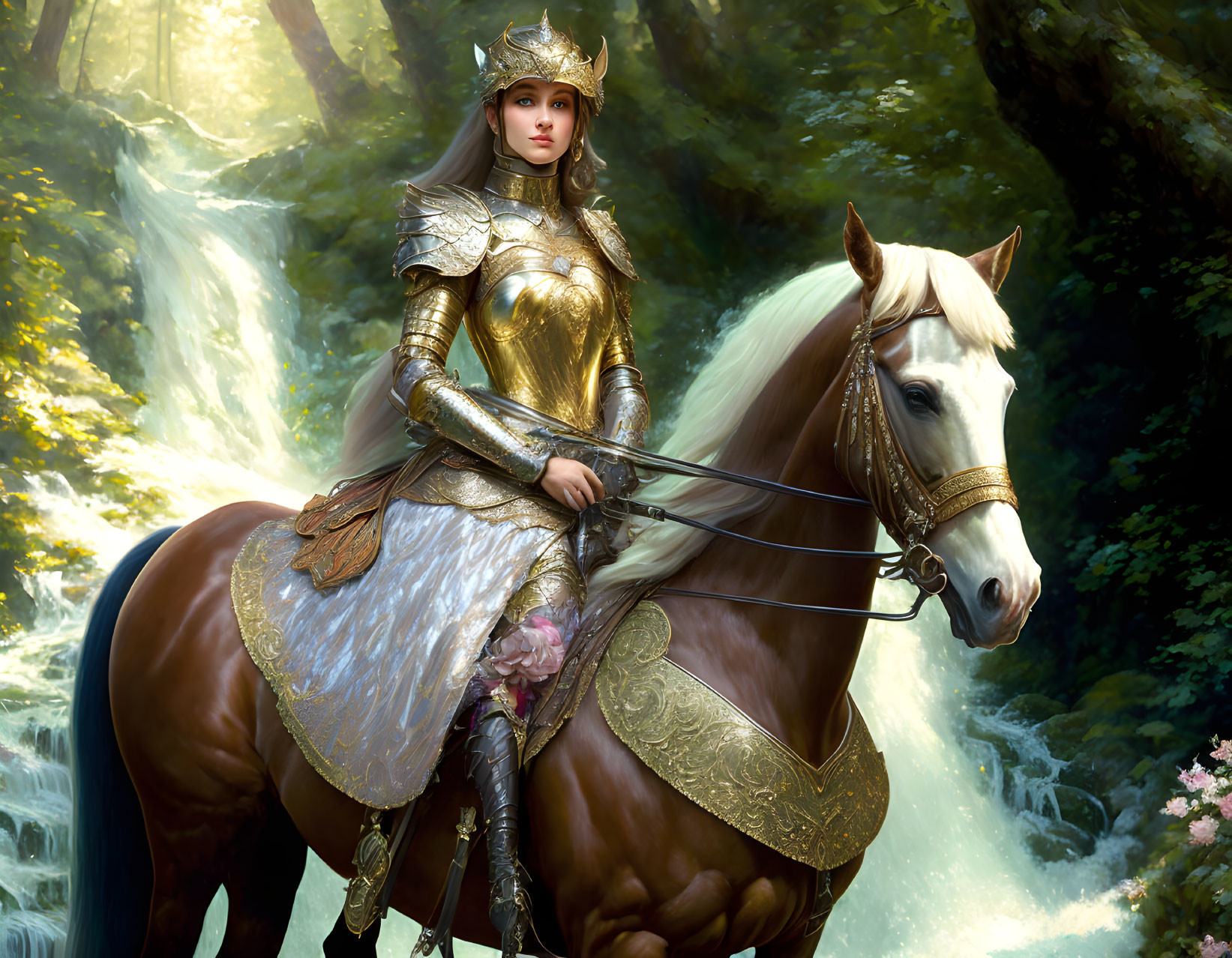 Knight on horseback in sunlit forest with waterfalls