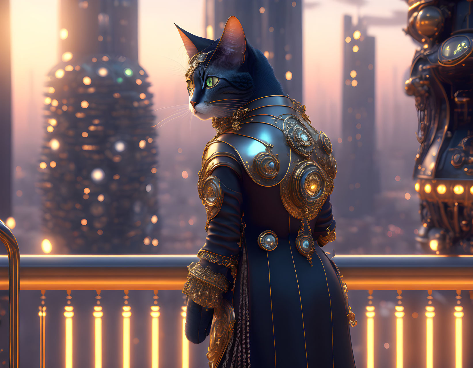 Anthropomorphic cat in steampunk attire on balcony with futuristic cityscape.