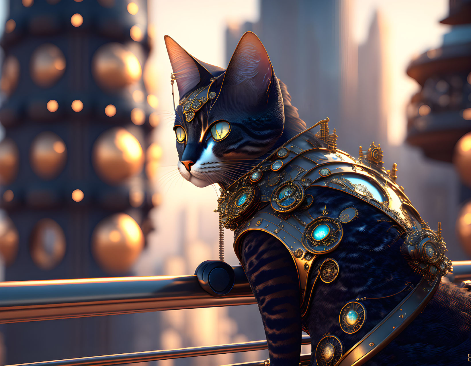 Majestic cat in golden armor with blue gemstones overlooking cityscape at sunset