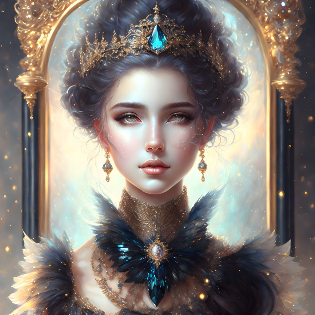 Regal woman with crown and jewelry against starry backdrop