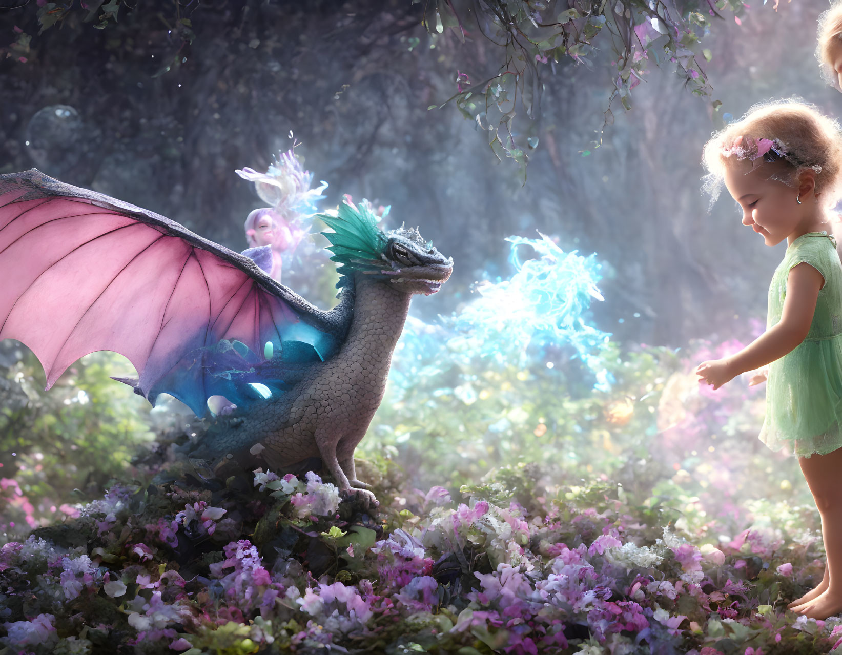 Young girl in green dress meets dragon in blooming forest with fairy and magical blue light