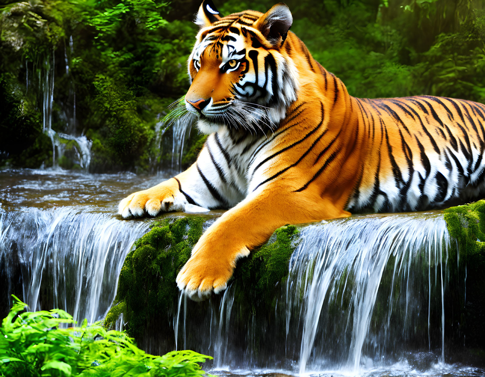 Majestic tiger resting on lush green rock near waterfall