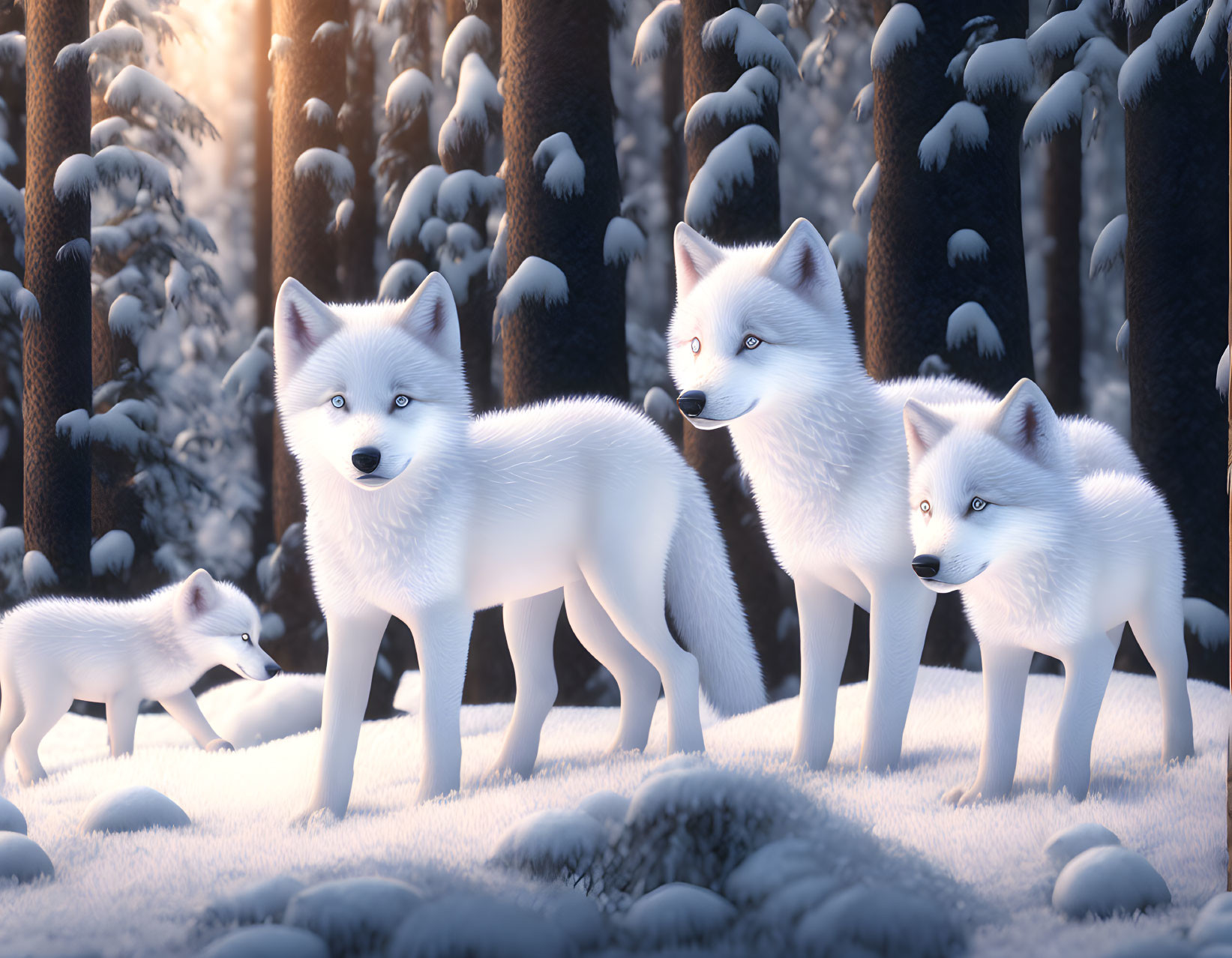 Snow-covered forest scene with four white wolves and tall dark trees.