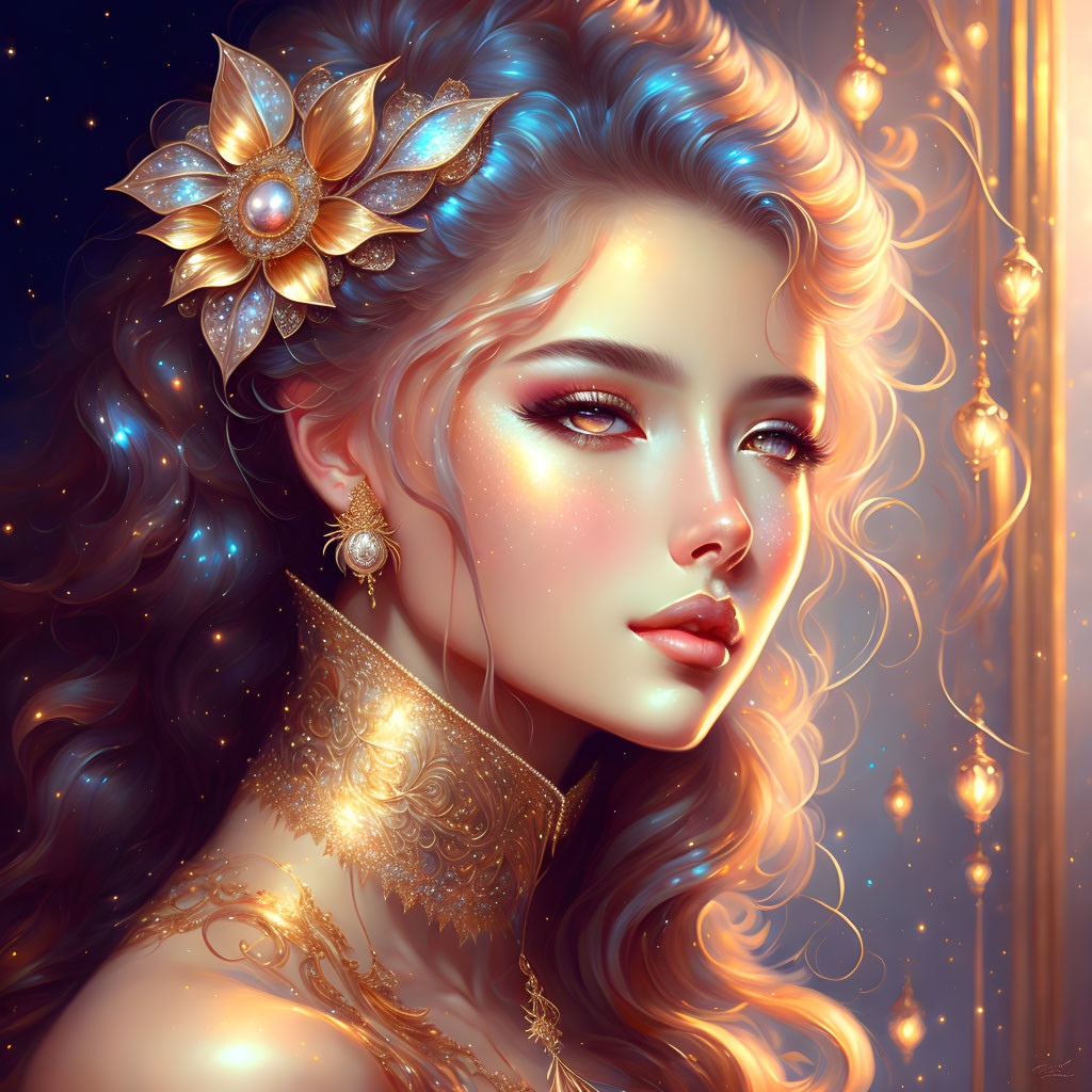 Digital illustration of woman with blue hair & golden jewelry, surrounded by orbs and stars