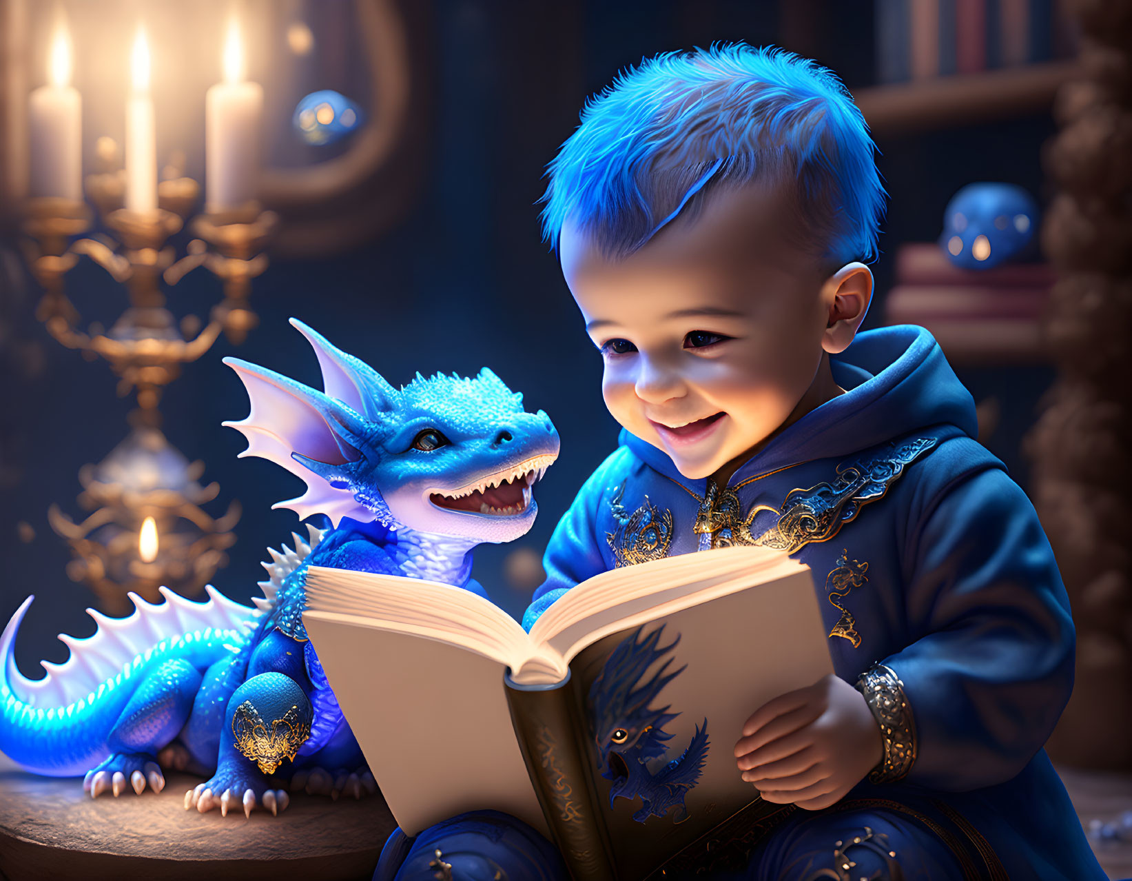 Child with blue hair reads to blue dragon in candlelit room