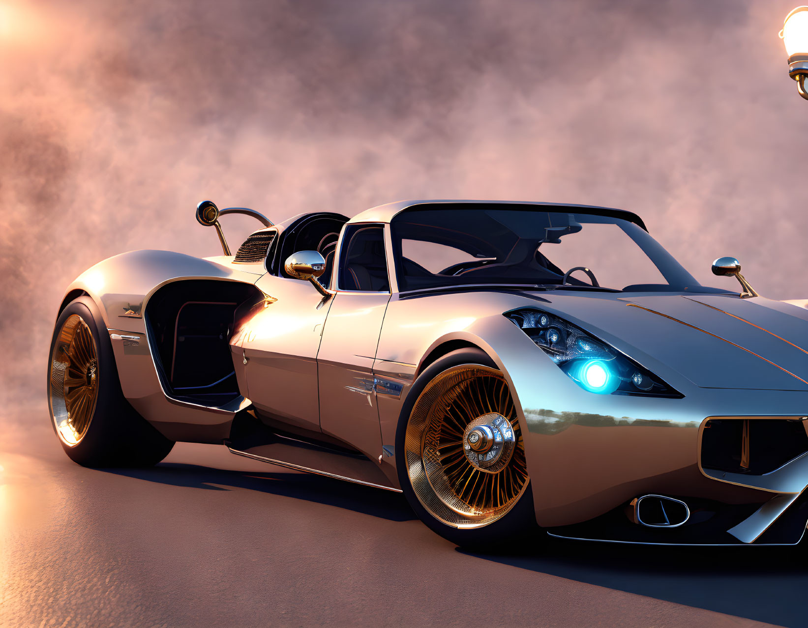 Futuristic black and gold sports car with blue headlights in sunset scene