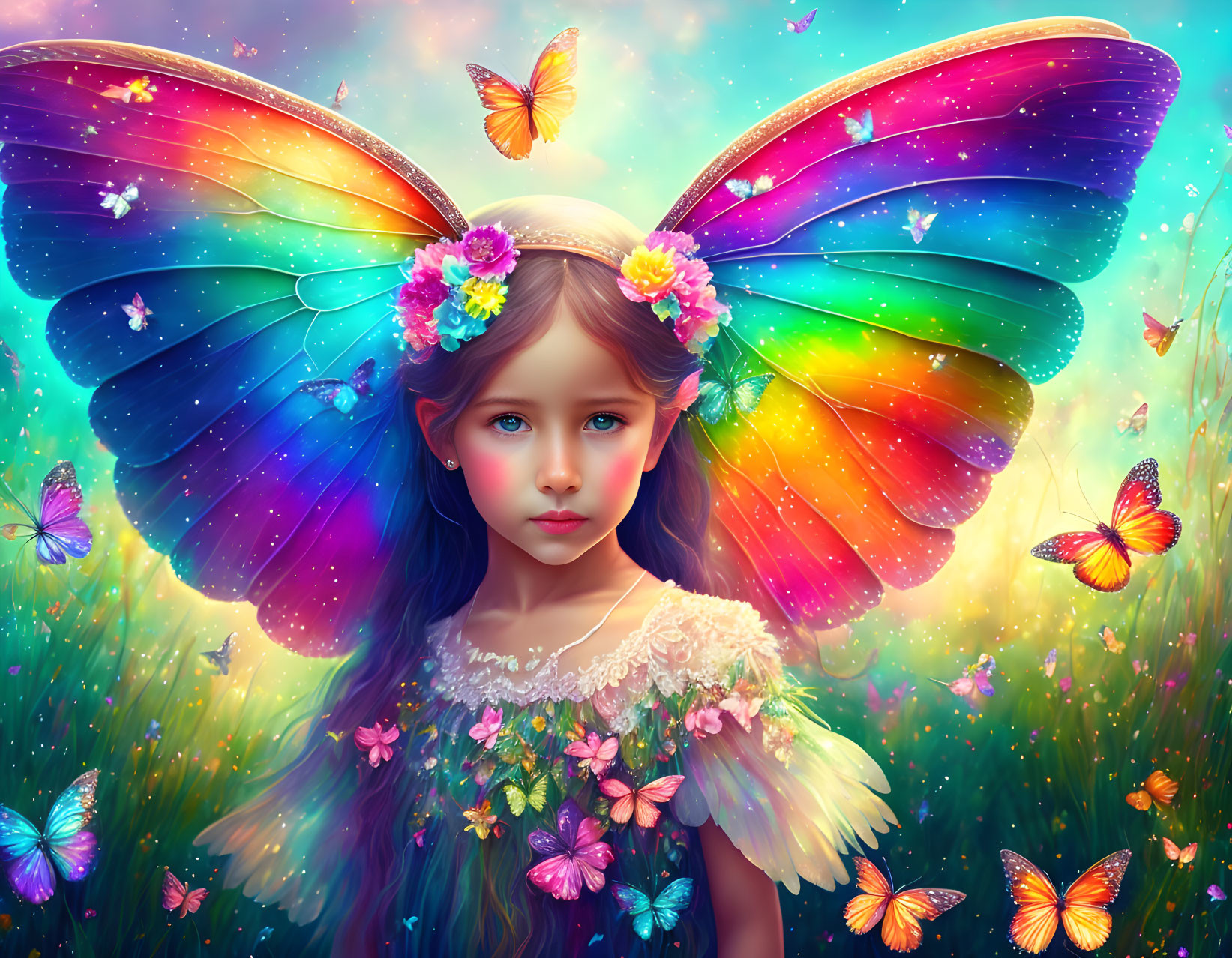 Colorful illustration: Young girl with vibrant butterfly wings in meadow