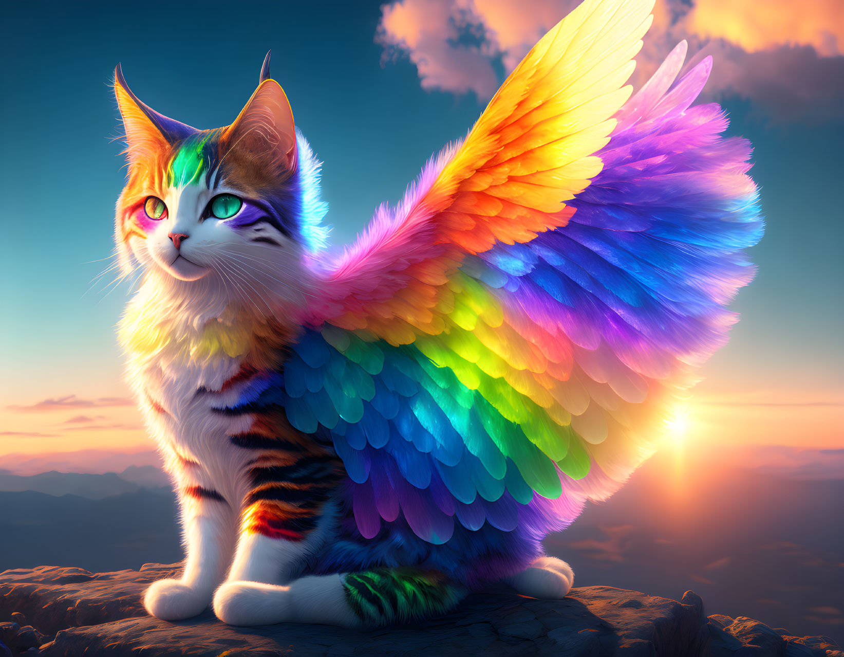 Colorful winged cat with rainbow plumage perched on rocky peak at sunset