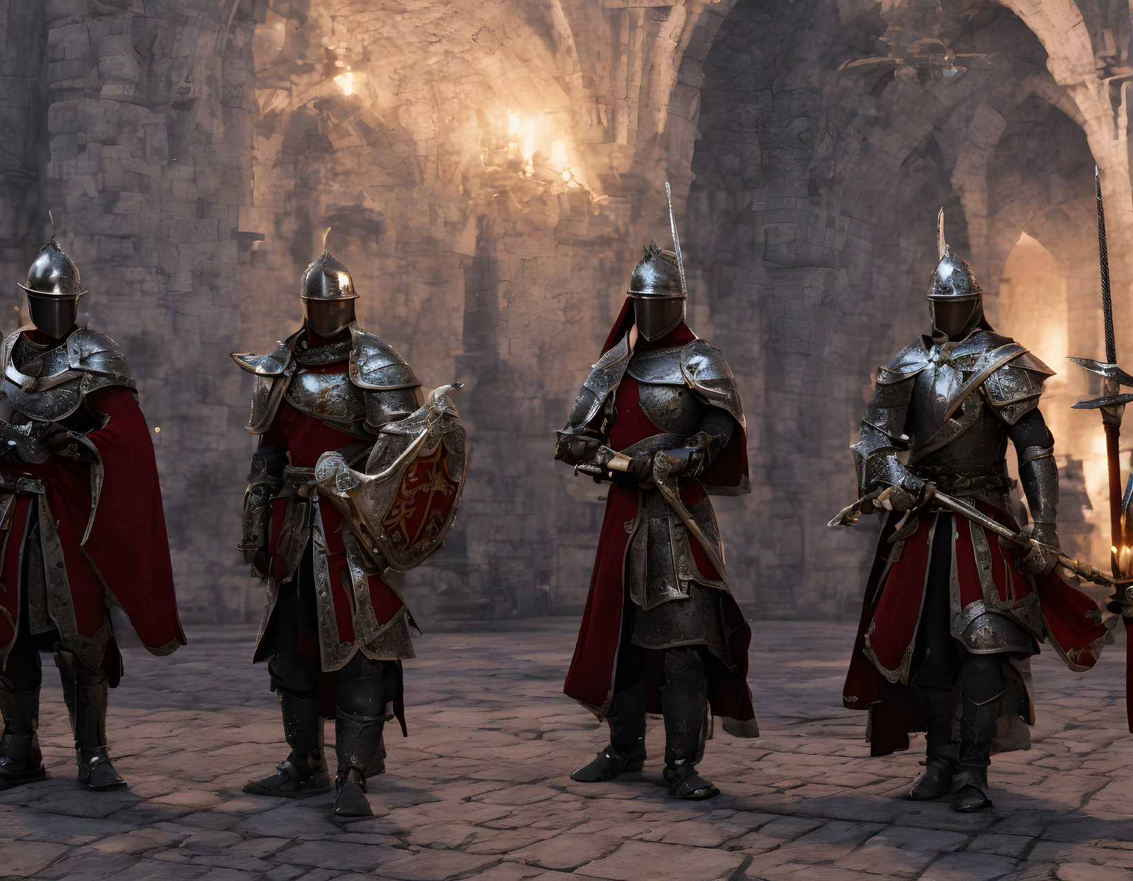 Armored knights with swords and shields in stone castle corridor