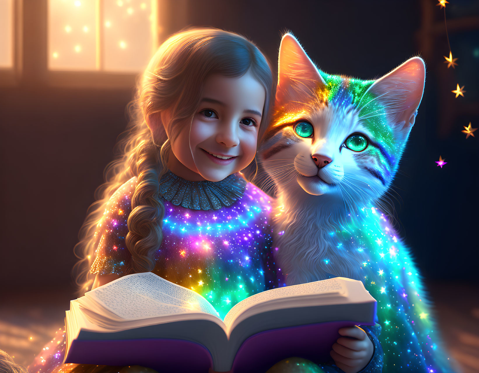 Young girl in sparkling dress reading next to multicolored cat in cozy, starlit setting