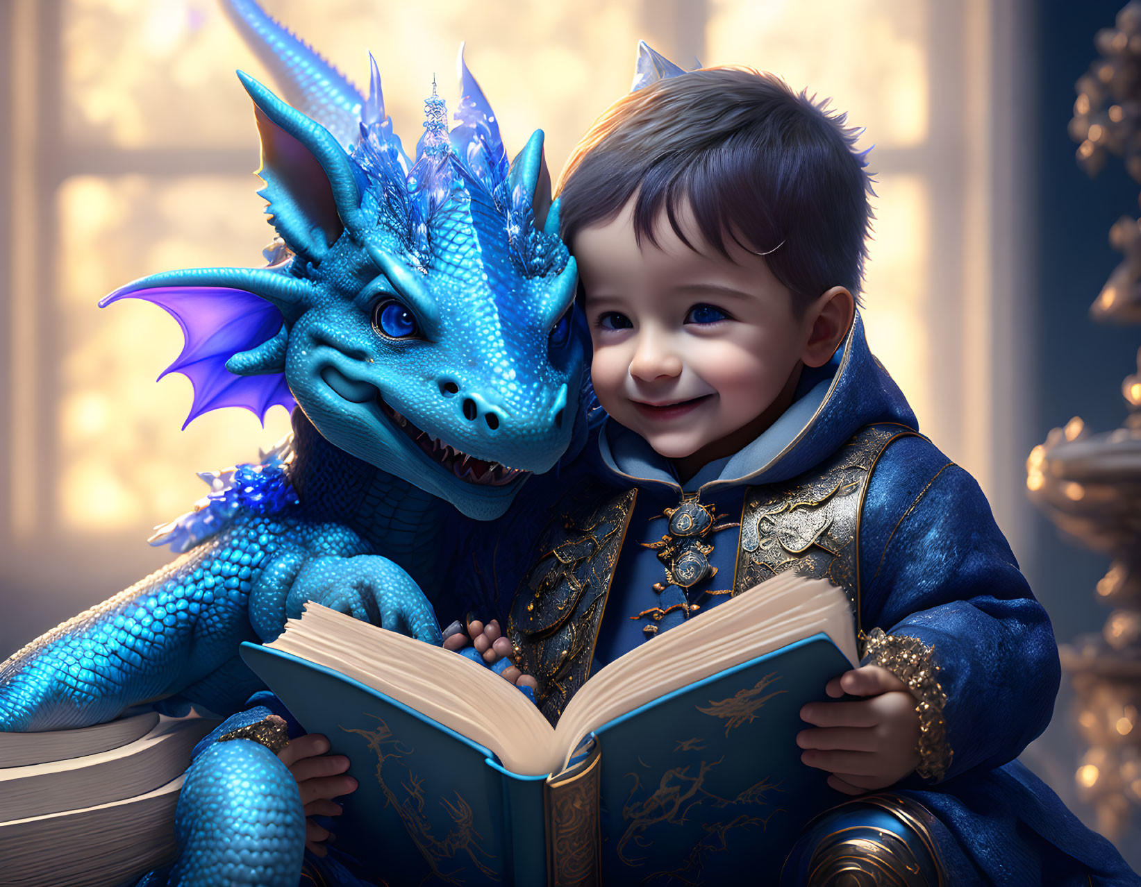 Child in royal attire sharing a book with blue dragon in golden-lit setting