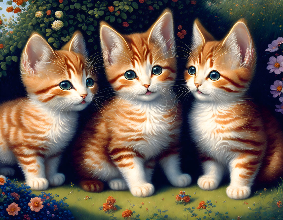 Three orange tabby kittens with blue eyes sitting among colorful flowers