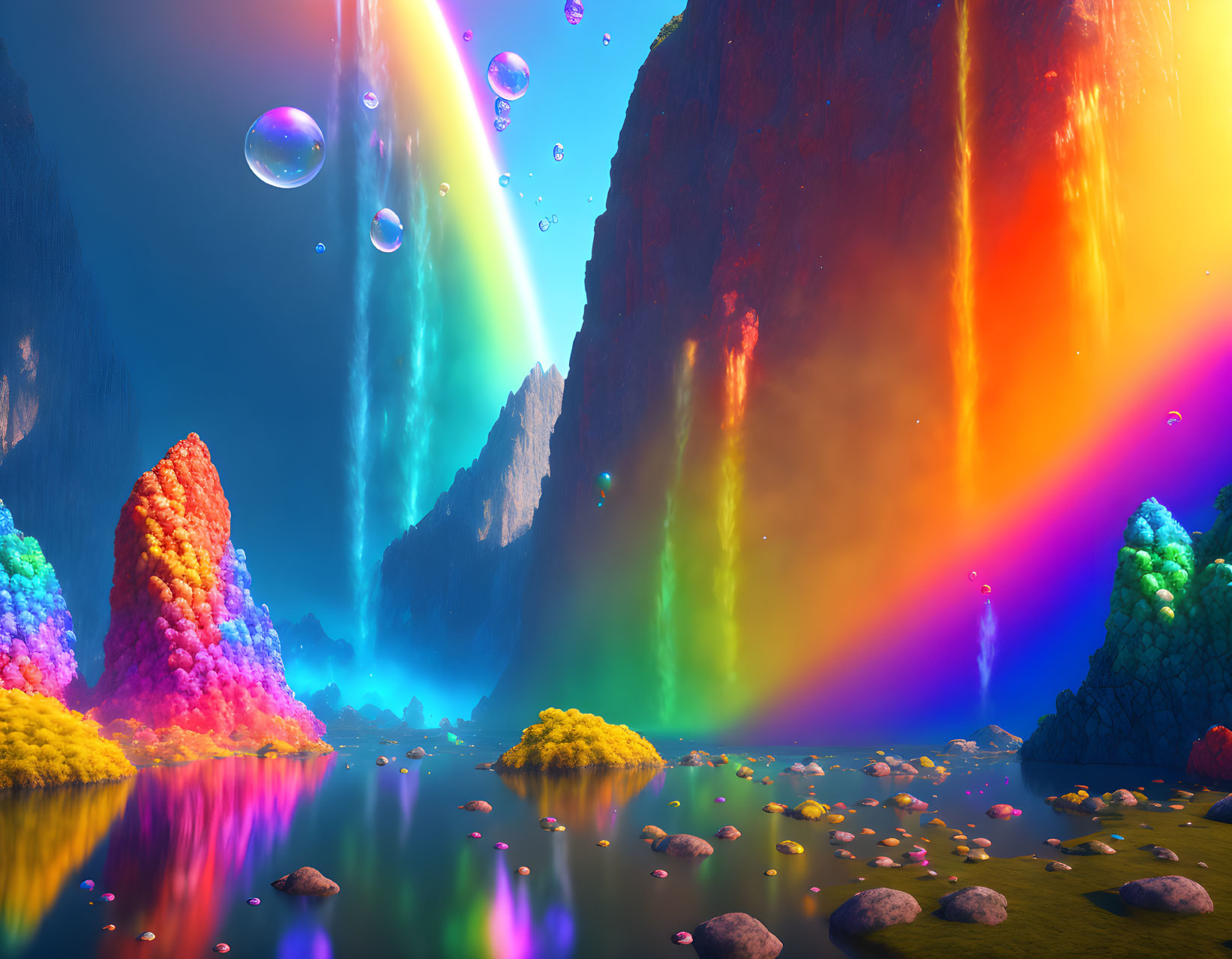 Fantasy landscape with rainbow waterfalls, colorful trees, and serene lake.