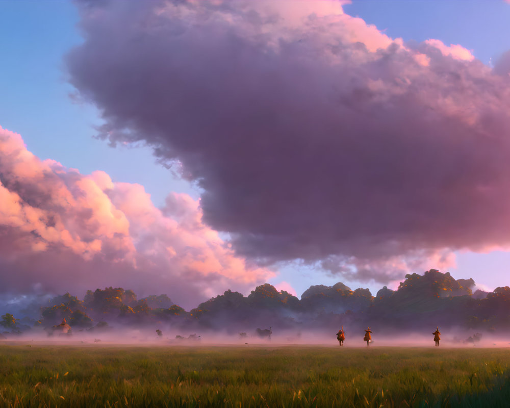 Horseback riders and walker in tranquil meadow at dusk