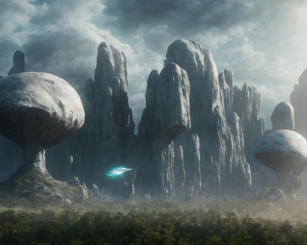 Futuristic spaceship in misty forest with rock formations