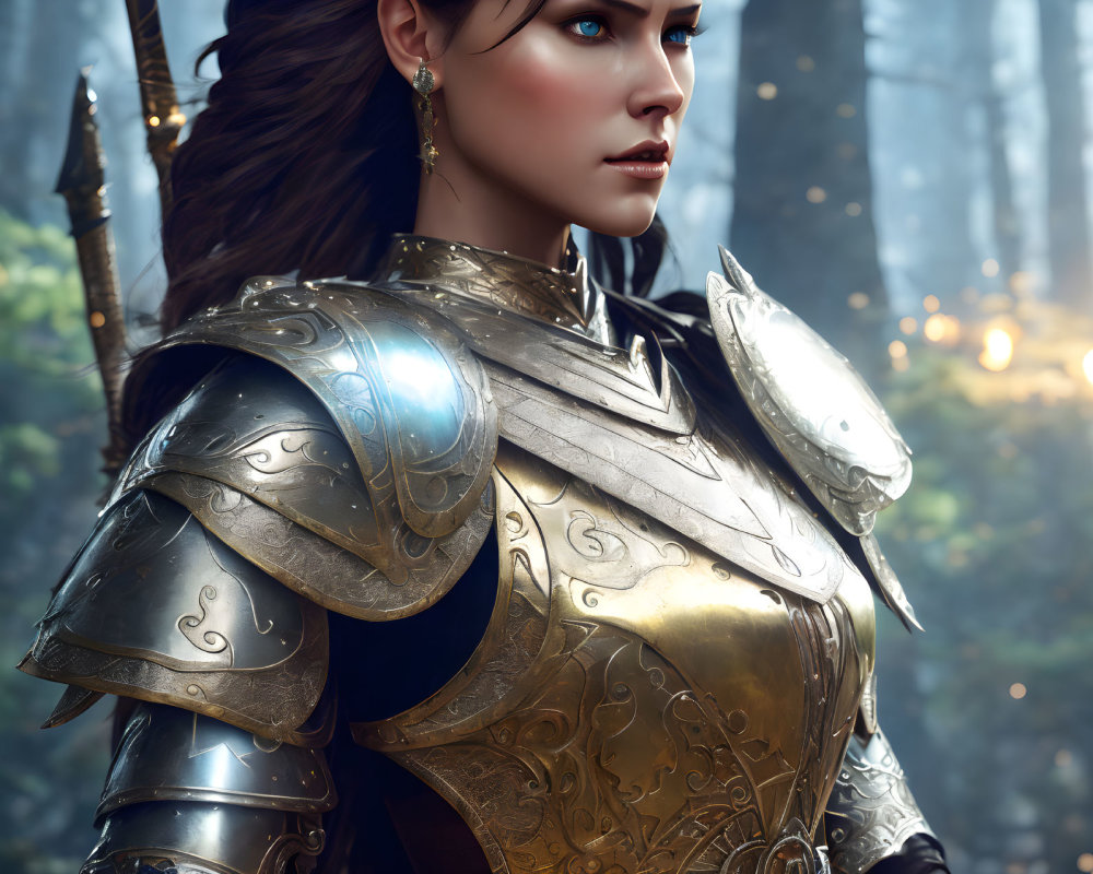 Female warrior in ornate silver and gold armor against forest backdrop