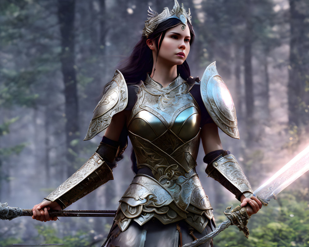 Female warrior in ornate armor with sword and shield in forest setting.