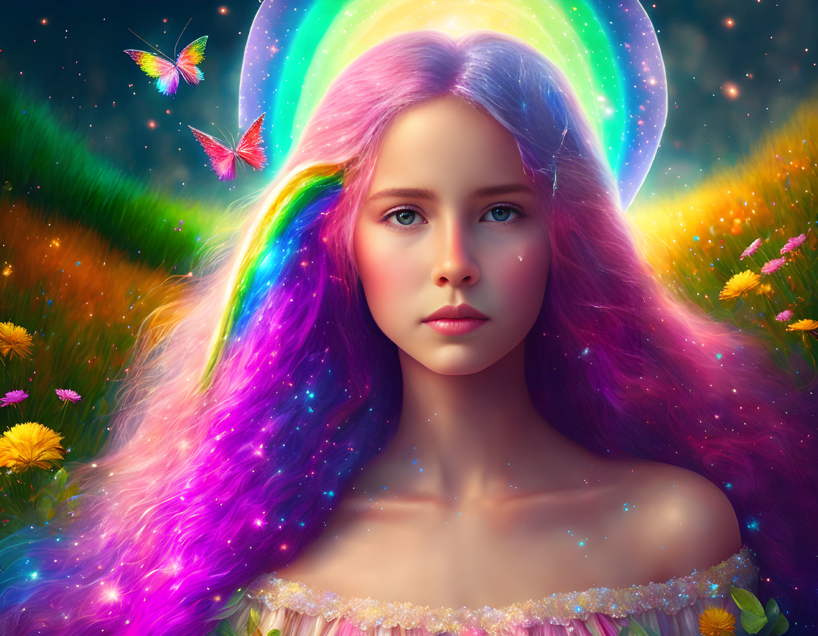 Fantasy portrait: Young girl with rainbow hair, butterflies, twilight sky.