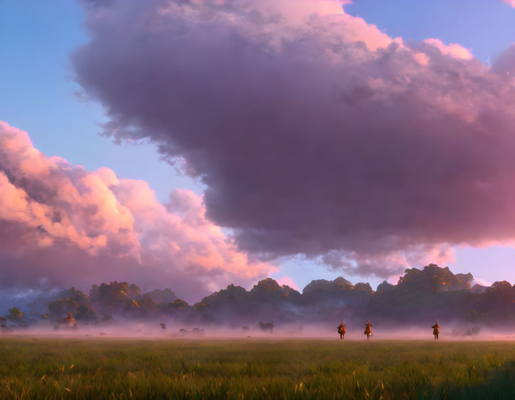 Horseback riders and walker in tranquil meadow at dusk