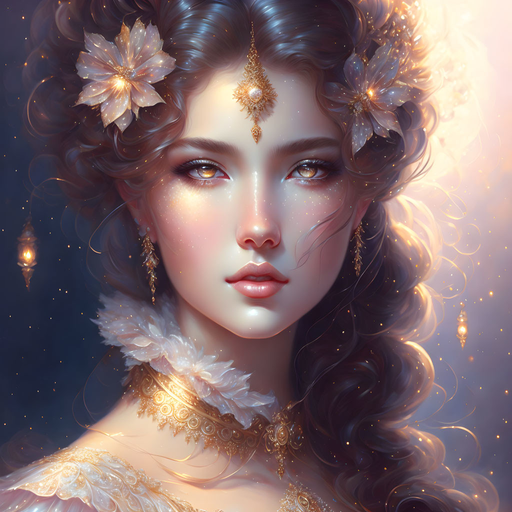 Ethereal portrait of woman with luminescent skin and gold jewelry