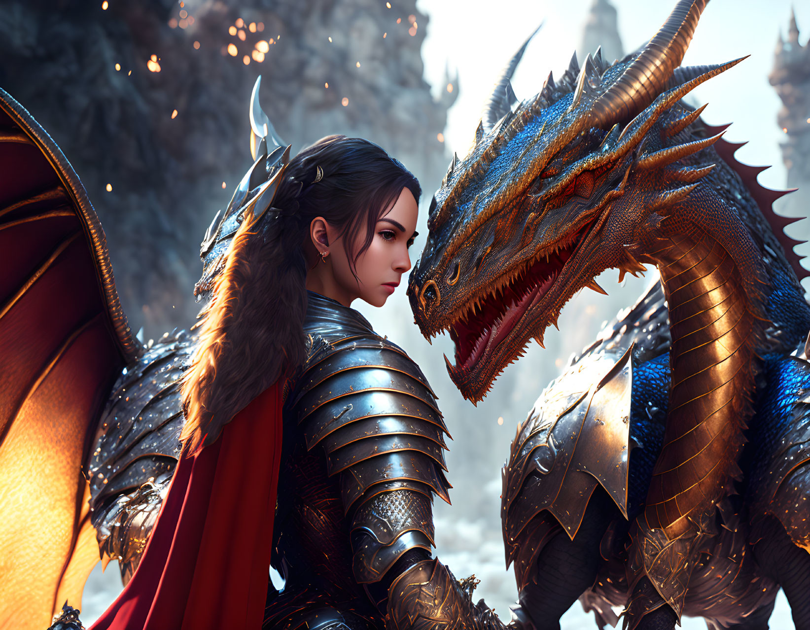 Female warrior and dragon in detailed armor in snowy forest fantasy scene