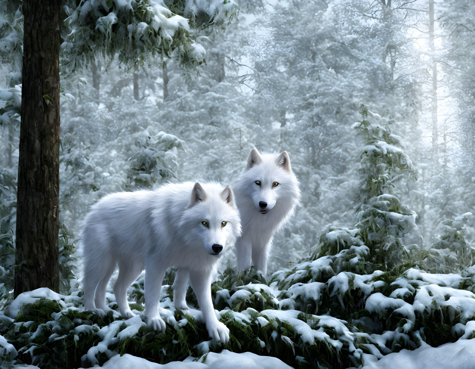 Snowy forest scene with two white wolves and snow-covered trees.