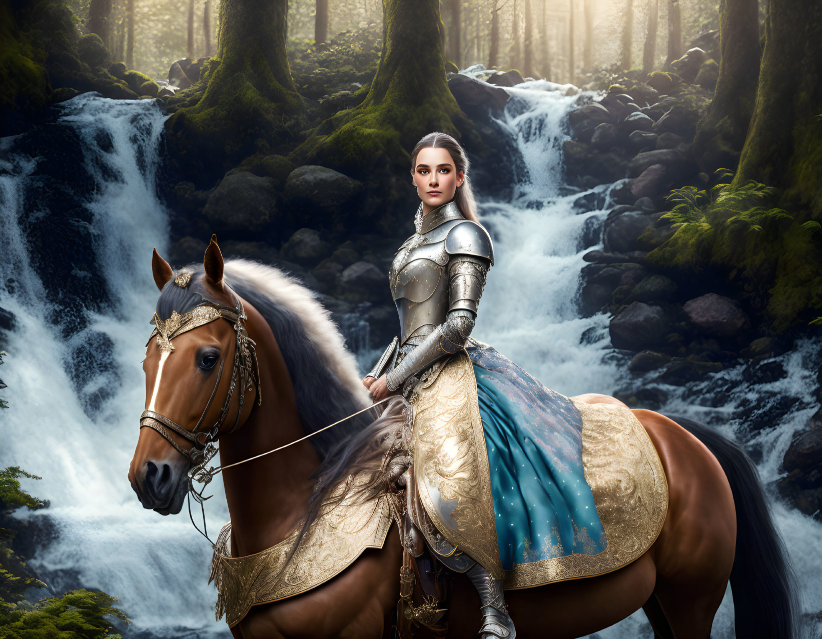 Medieval armor woman on horse in misty forest with stream & moss-covered rocks