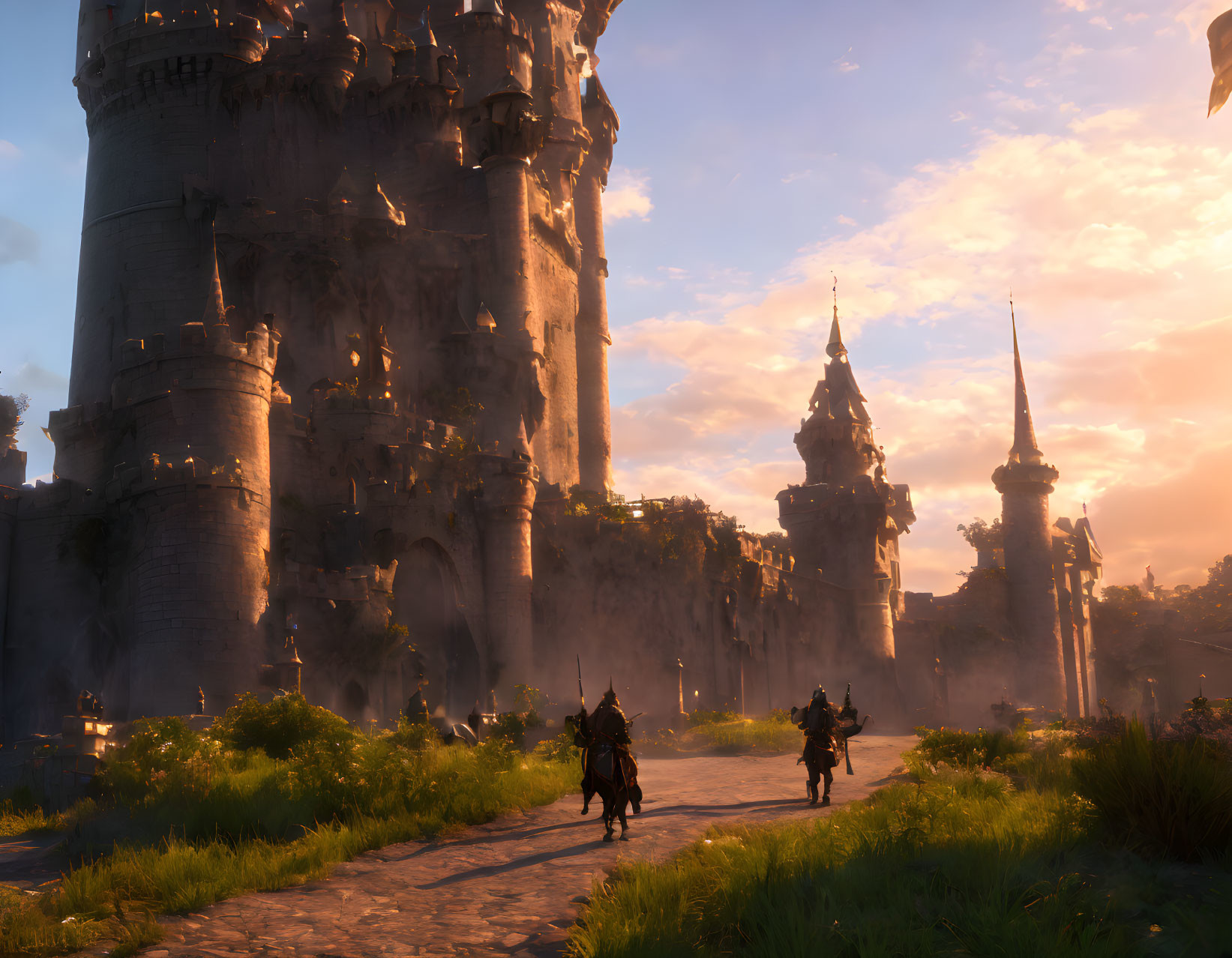 Majestic fantasy castle at sunset with knights riding towards it