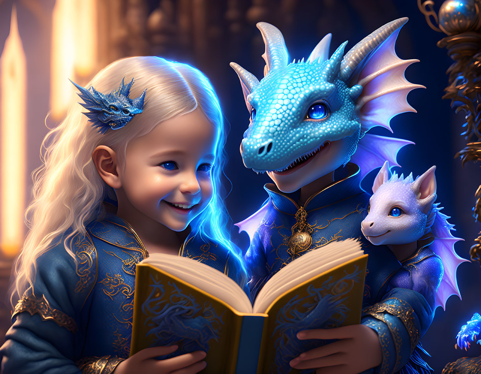 Young girl with white hair and dragon headdress reading book in ornate room