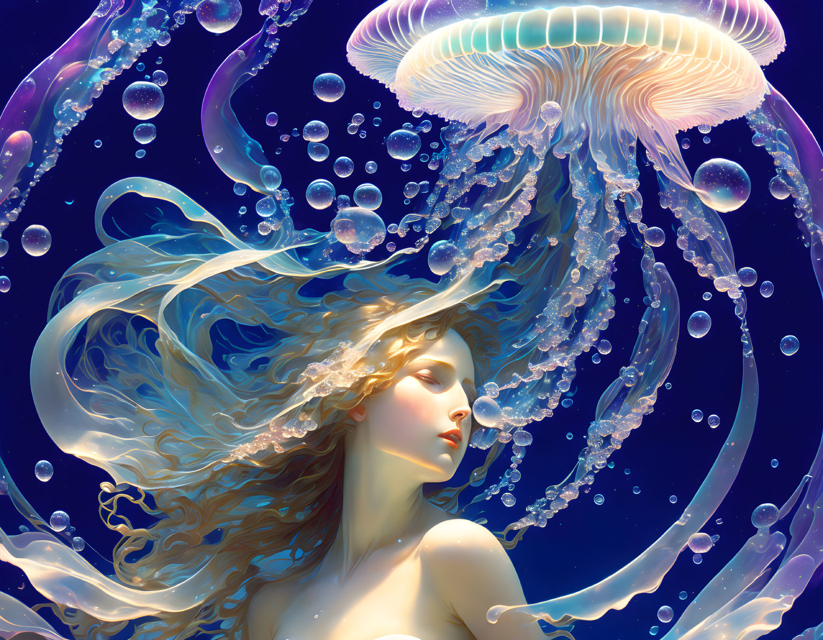 Surreal image: Woman merging with jellyfish underwater