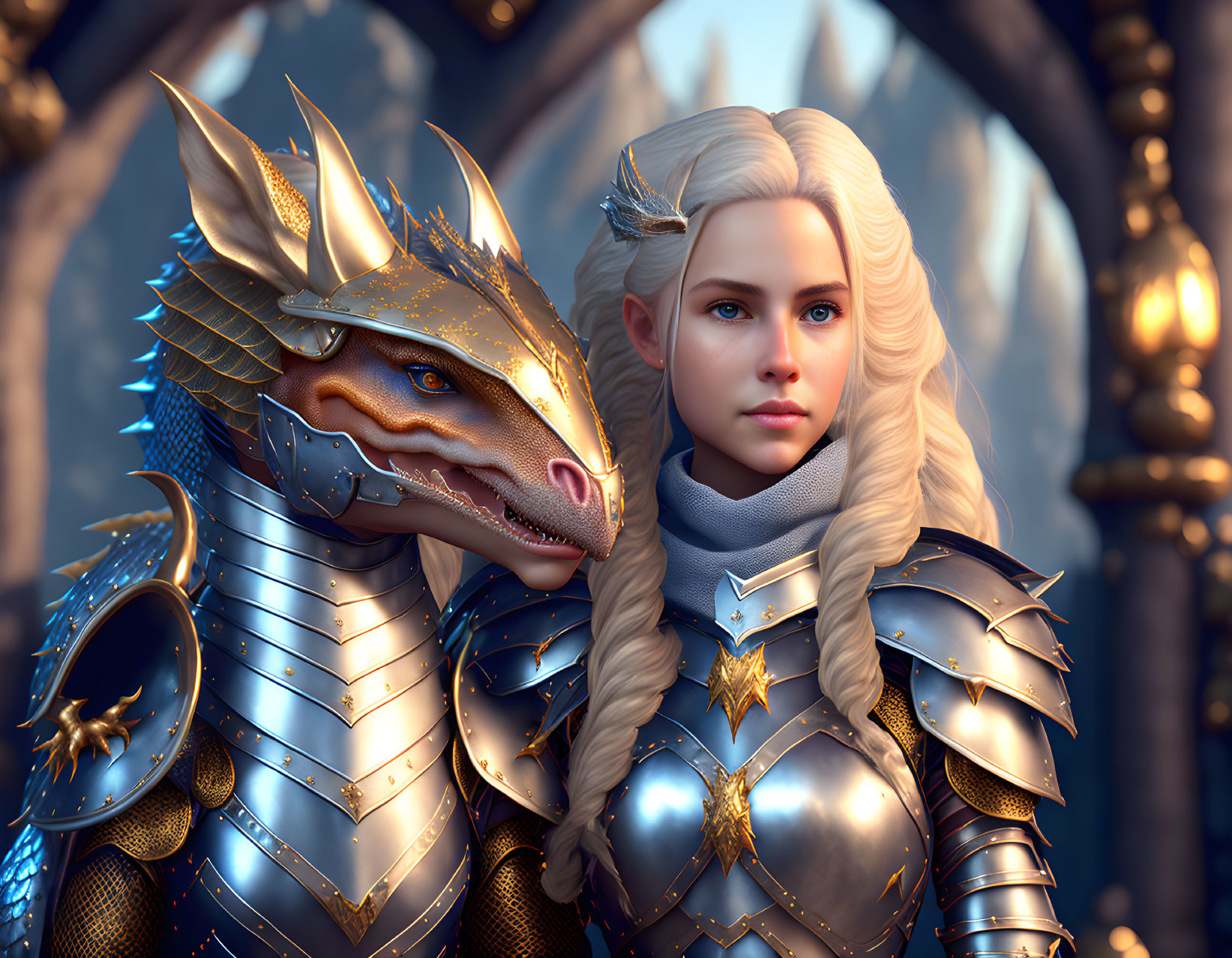 Blonde warrior woman and dragon in silver and gold armor under arched structure