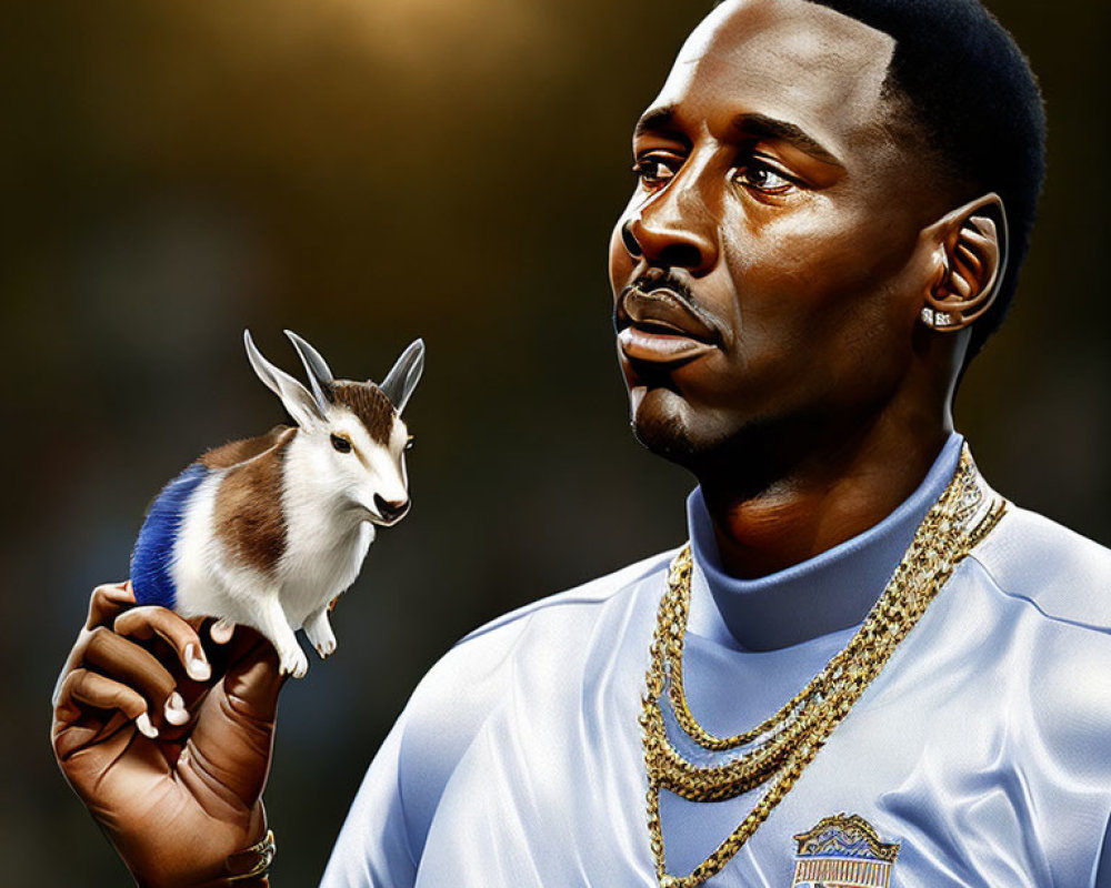 Digital artwork of man holding small goat, serious expression, gold necklaces, blue jersey, blurred background