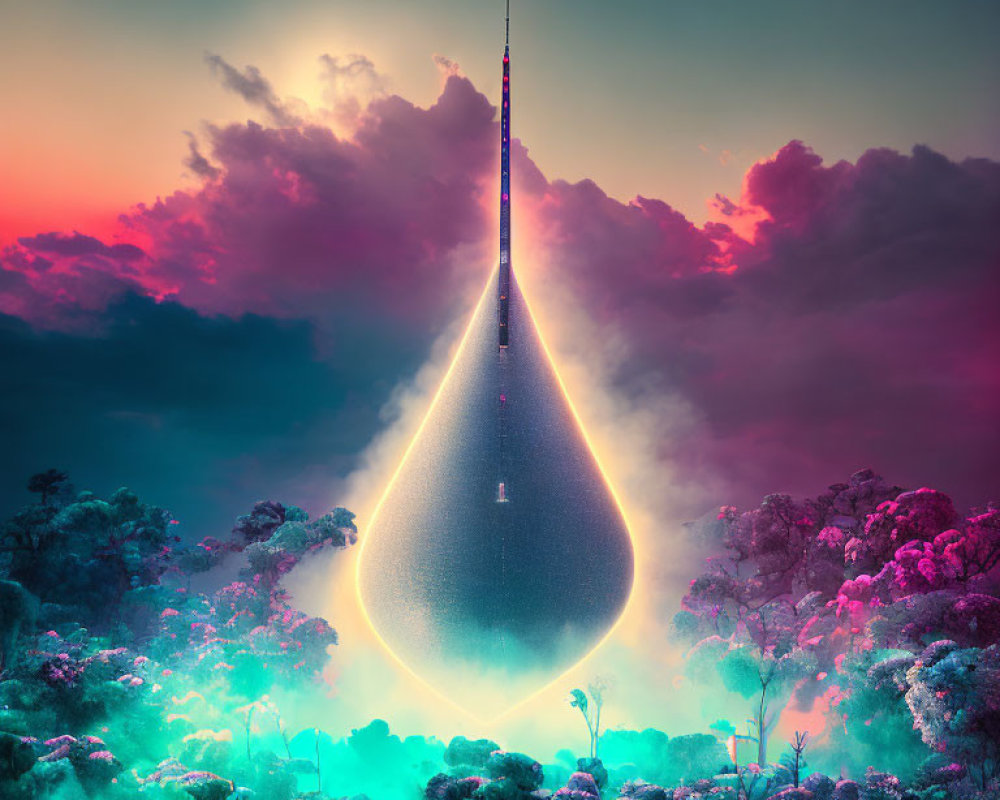 Futuristic teardrop-shaped structure in vibrant forest at dusk.