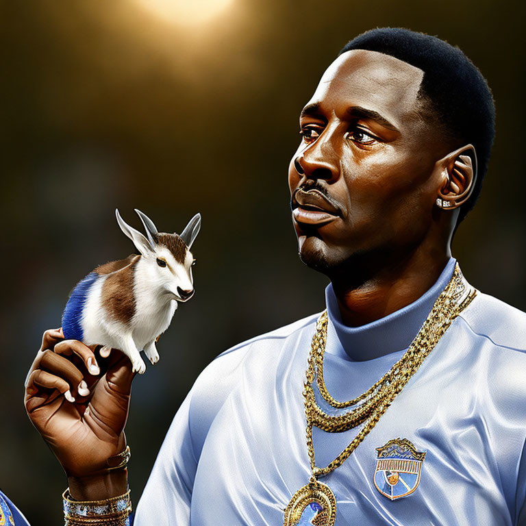 Digital artwork of man holding small goat, serious expression, gold necklaces, blue jersey, blurred background