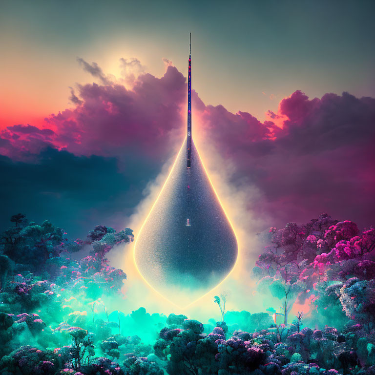 Futuristic teardrop-shaped structure in vibrant forest at dusk.