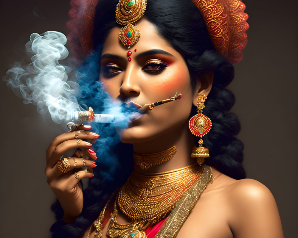 Enigmatic woman in traditional attire with gold jewelry and smoke drifting.