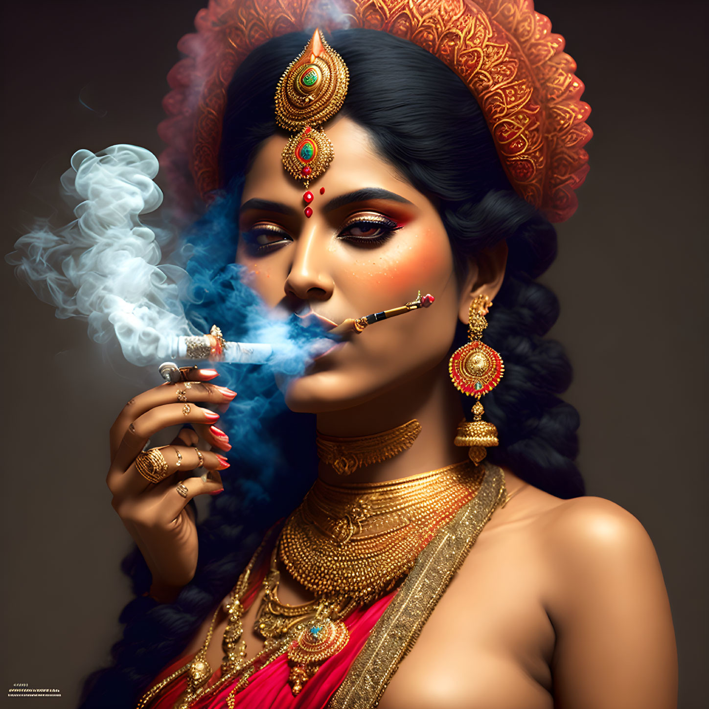 Enigmatic woman in traditional attire with gold jewelry and smoke drifting.