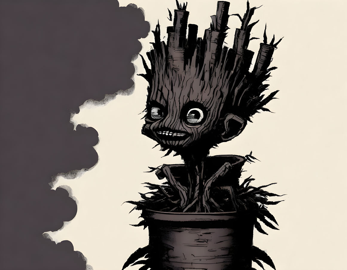 Baby Groot in pot with surprised expression and smoke cloud