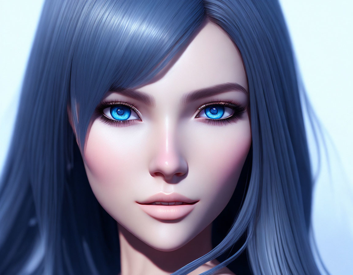 Close-Up Digital Artwork: Female with Blue Eyes, Pale Skin, & Silver-Blue Hair