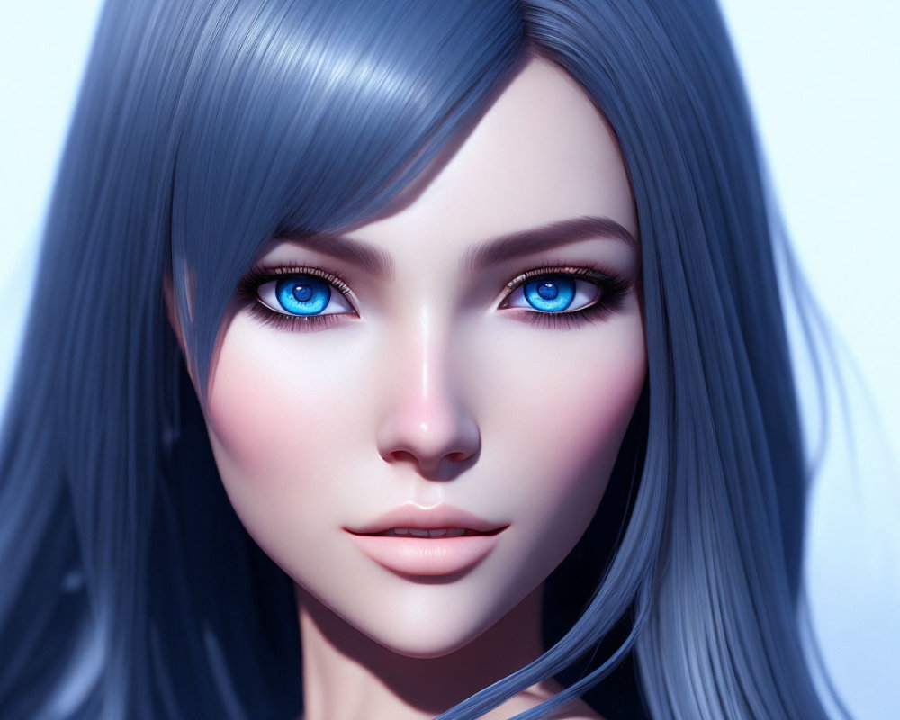 Close-Up Digital Artwork: Female with Blue Eyes, Pale Skin, & Silver-Blue Hair