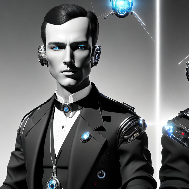 Male android in futuristic suit with glowing blue eyes and hovering drones