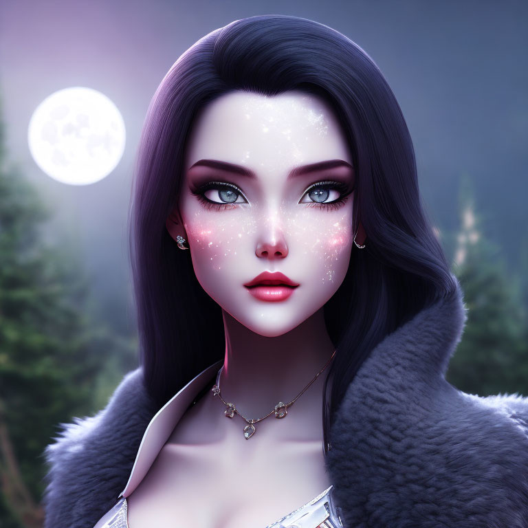 Digital portrait of woman with luminous skin and fur coat in moonlit forest