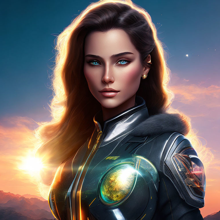 Digital artwork: Woman in futuristic armor with flowing hair, luminescent orb, sunset backdrop