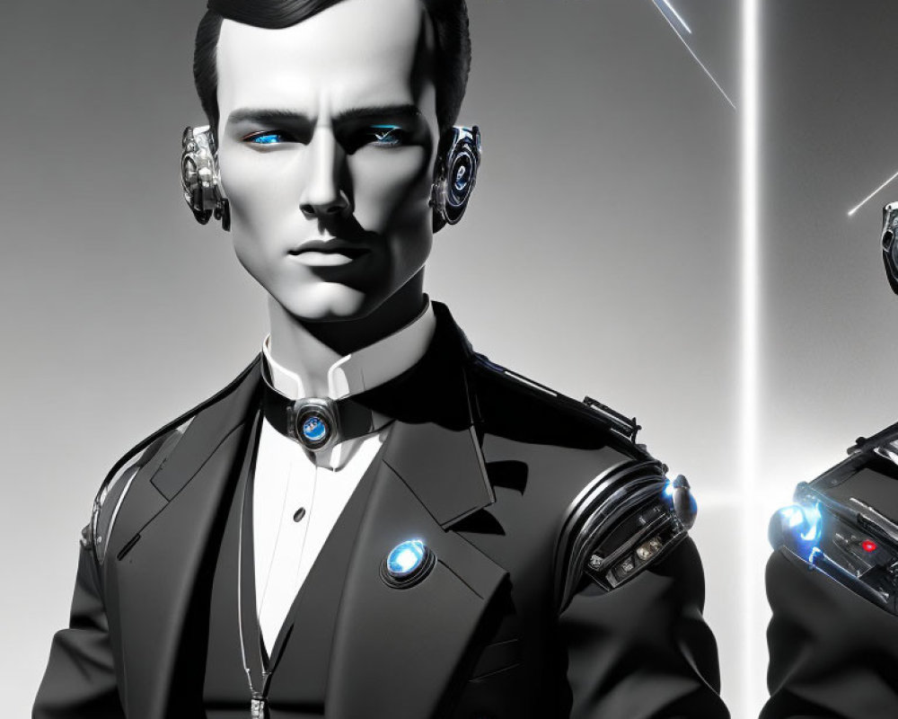 Male android in futuristic suit with glowing blue eyes and hovering drones